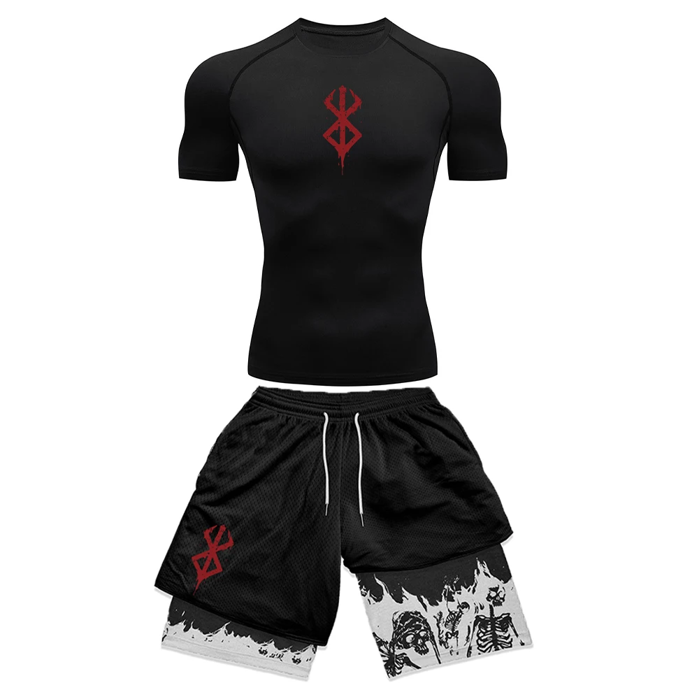 Compression Shorts Athletes - ชุดออกกำลังกายผู้ชายลายอนิเมะ พิมพ์ 3 มิติ เสื้อแขนสั้นกระชับกล้ามเนื้อ +