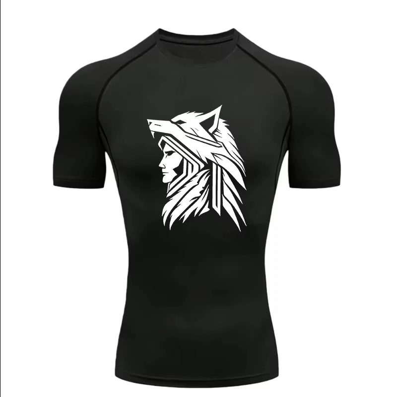Compression Shorts Athletes - ดีไซน์วูล์ฟไนท์ 2026 เสื้อยืดกีฬาผู้ชาย, ชุดกีฬาสำหรับฝึกซ้อม/ฟิตเนสแบบรัดรูป, เสื้อแรชการ์ดแขนสั้นแบบแห้งเร็ว